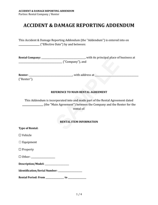 Accident Damage Reporting Addendum Form Template