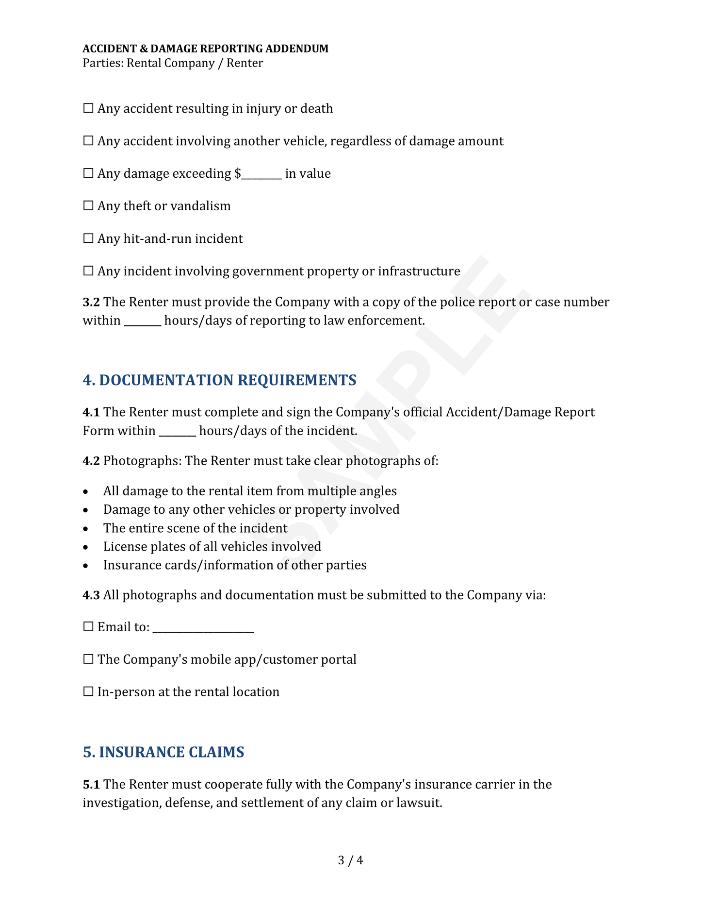 Accident Damage Reporting Addendum Form Template