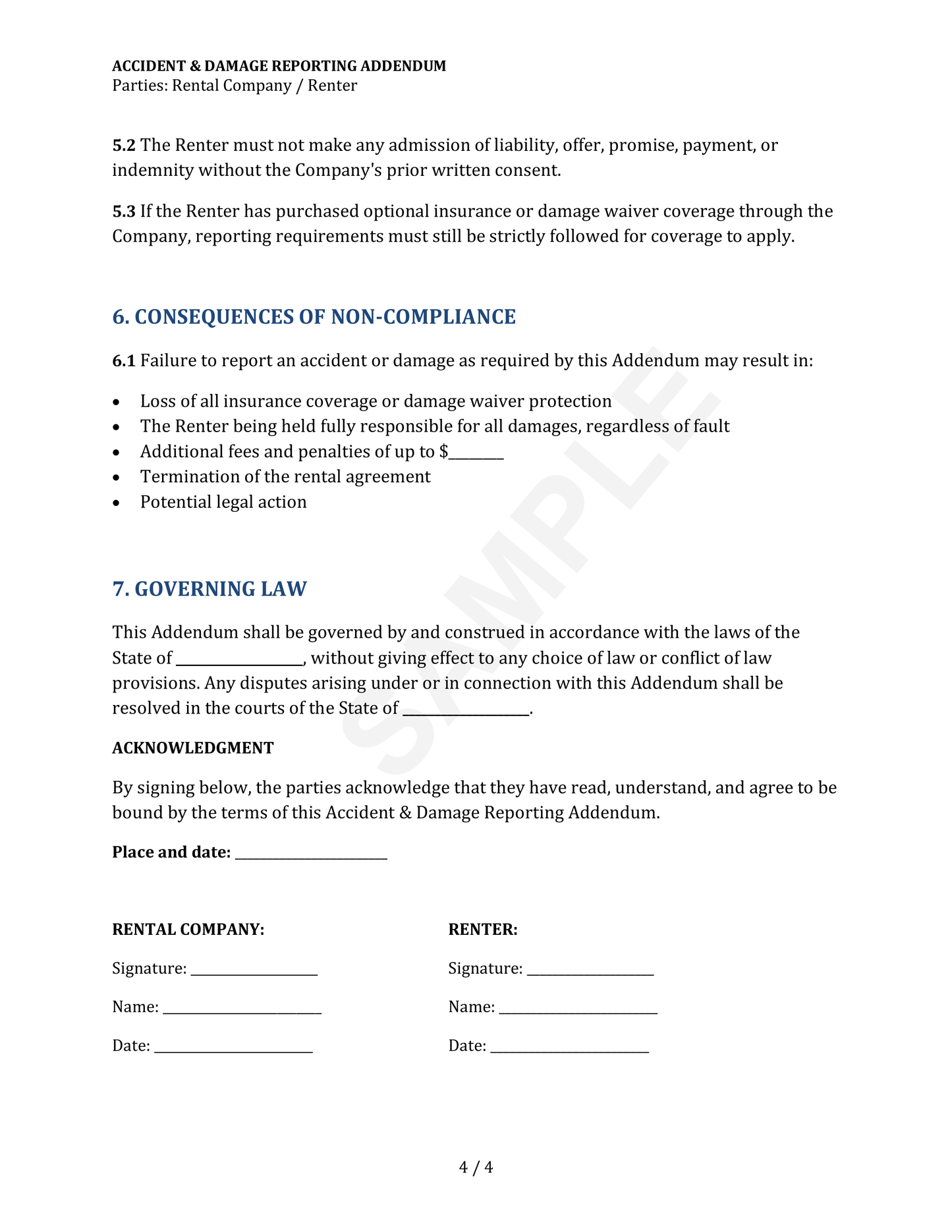 Accident Damage Reporting Addendum Form Template