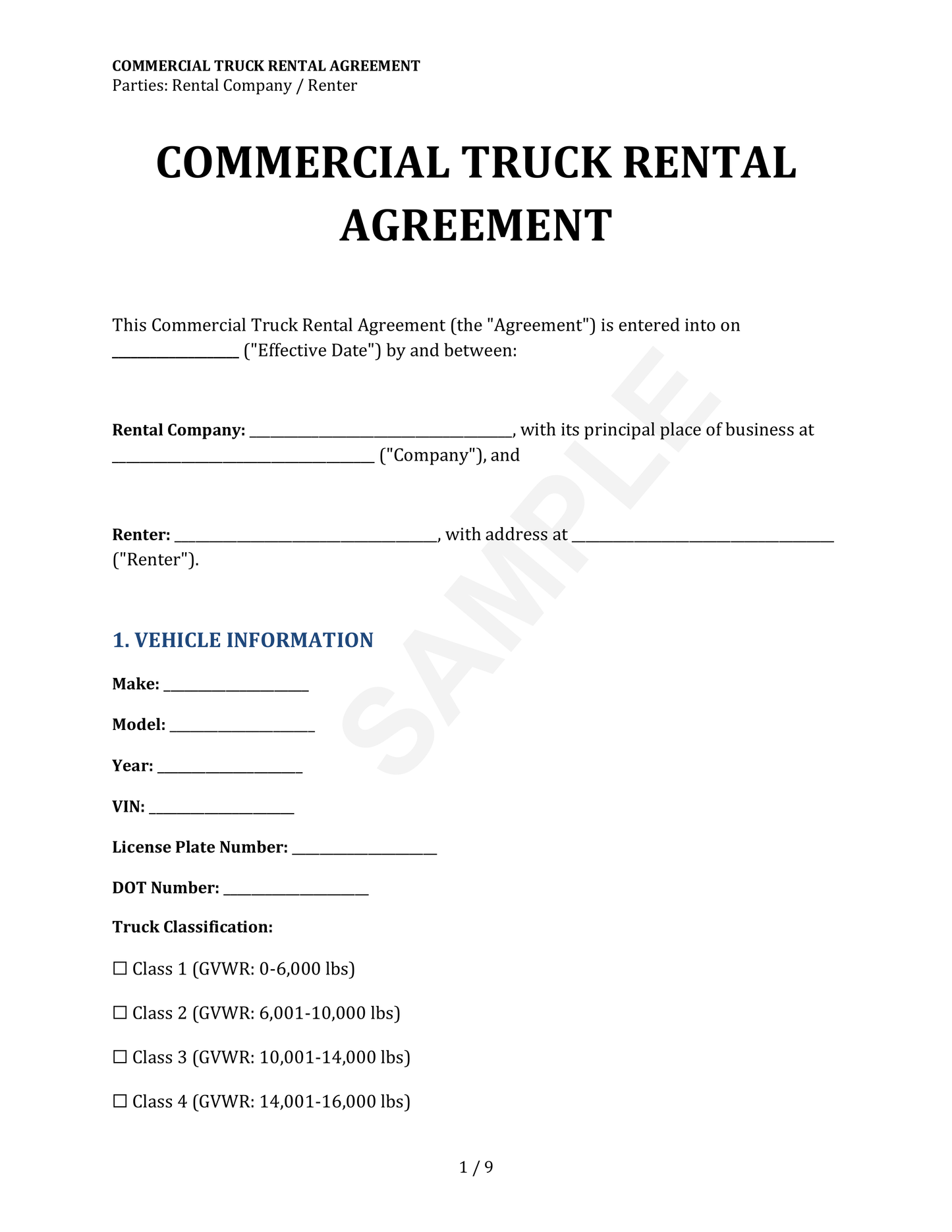 Commercial Truck Rental Agreement Template