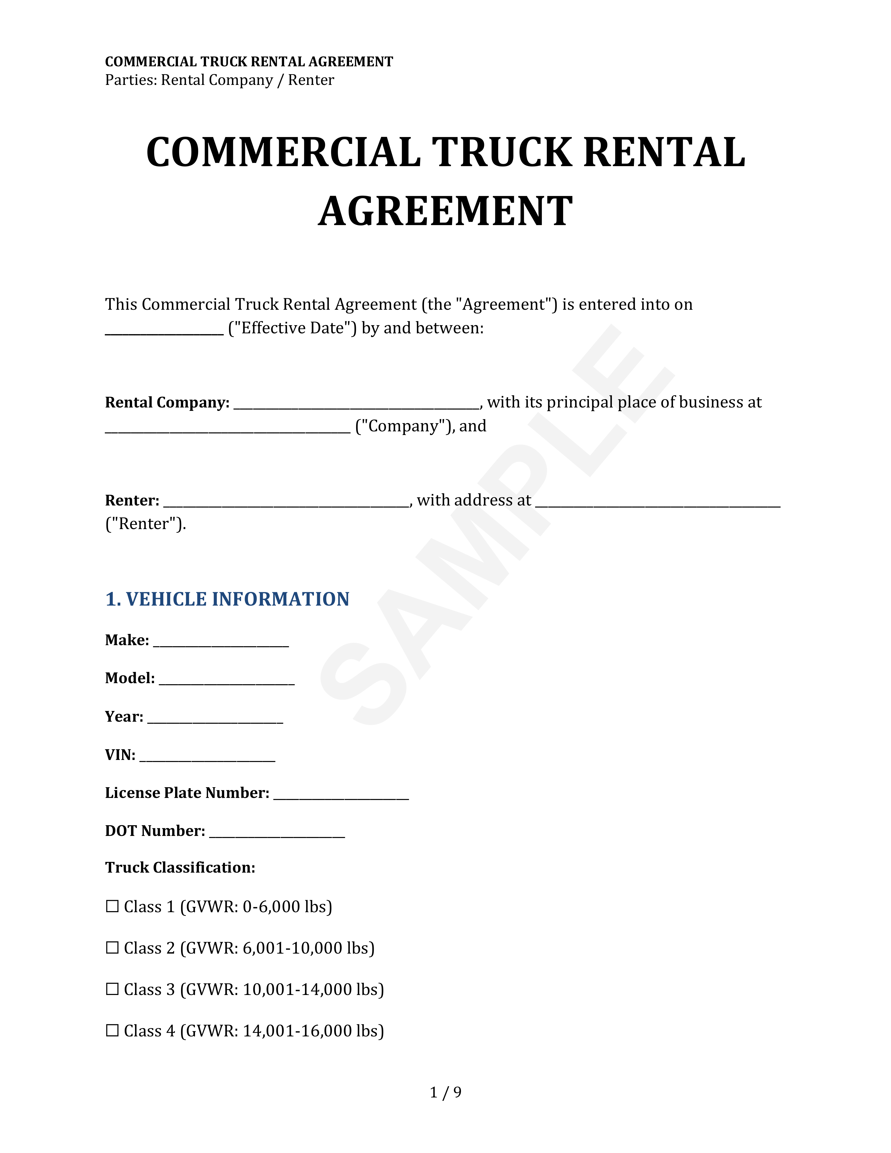 Commercial Truck Rental Agreement Template