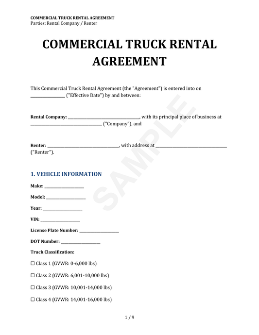 Commercial Truck Rental Agreement Template