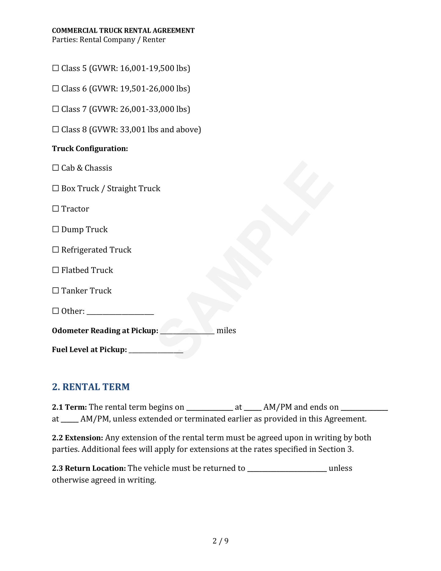 Commercial Truck Rental Agreement Template