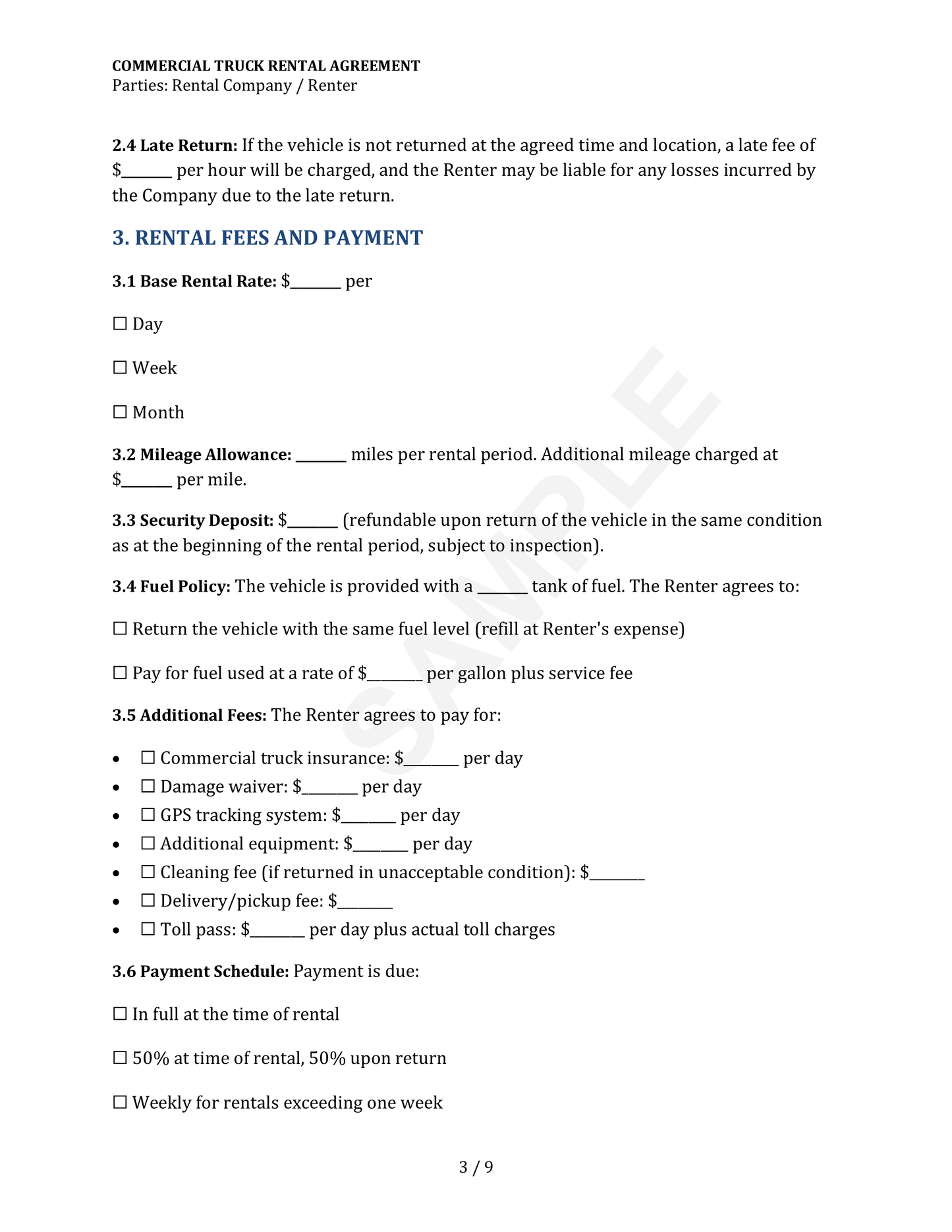 Commercial Truck Rental Agreement Template