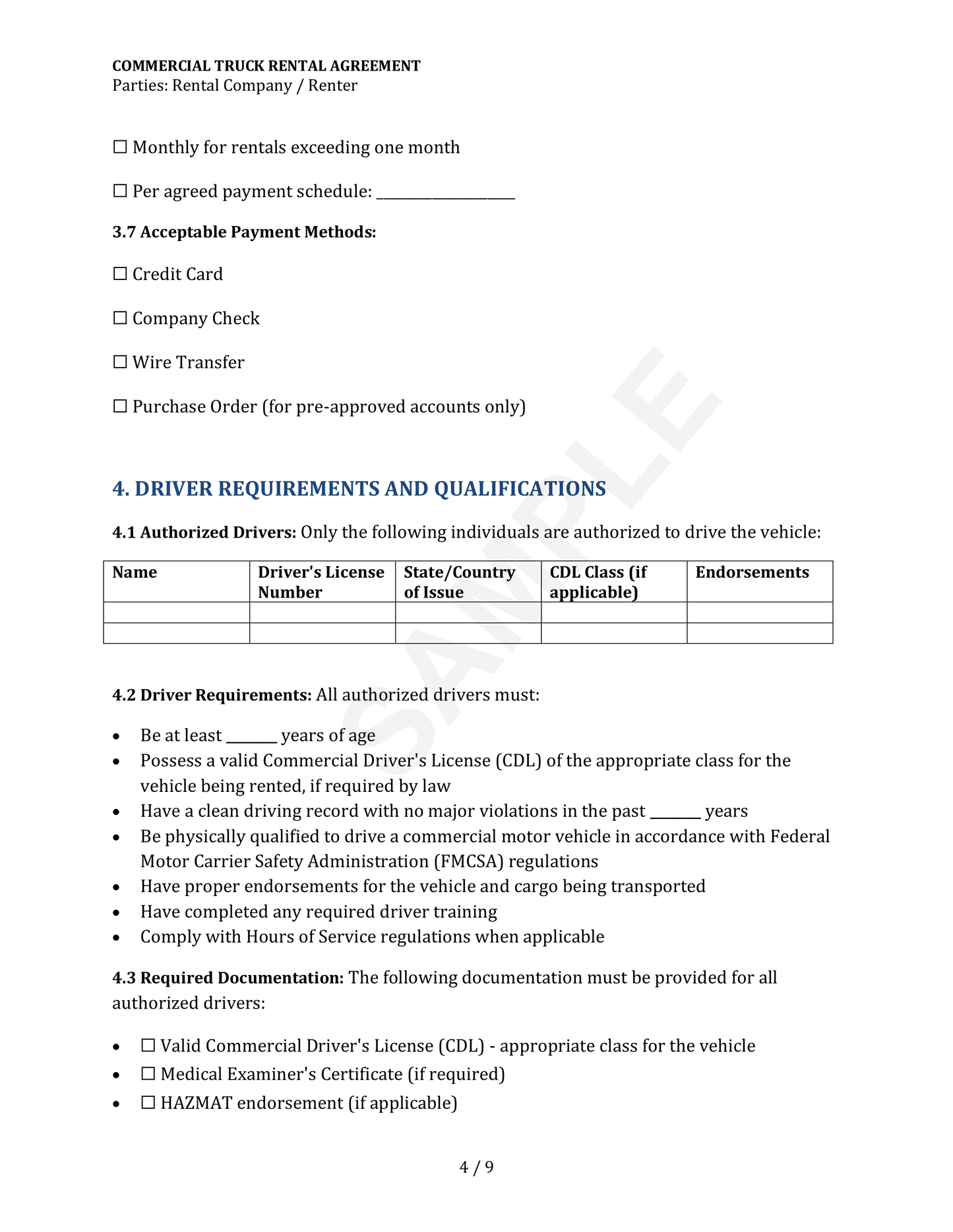 Commercial Truck Rental Agreement Template