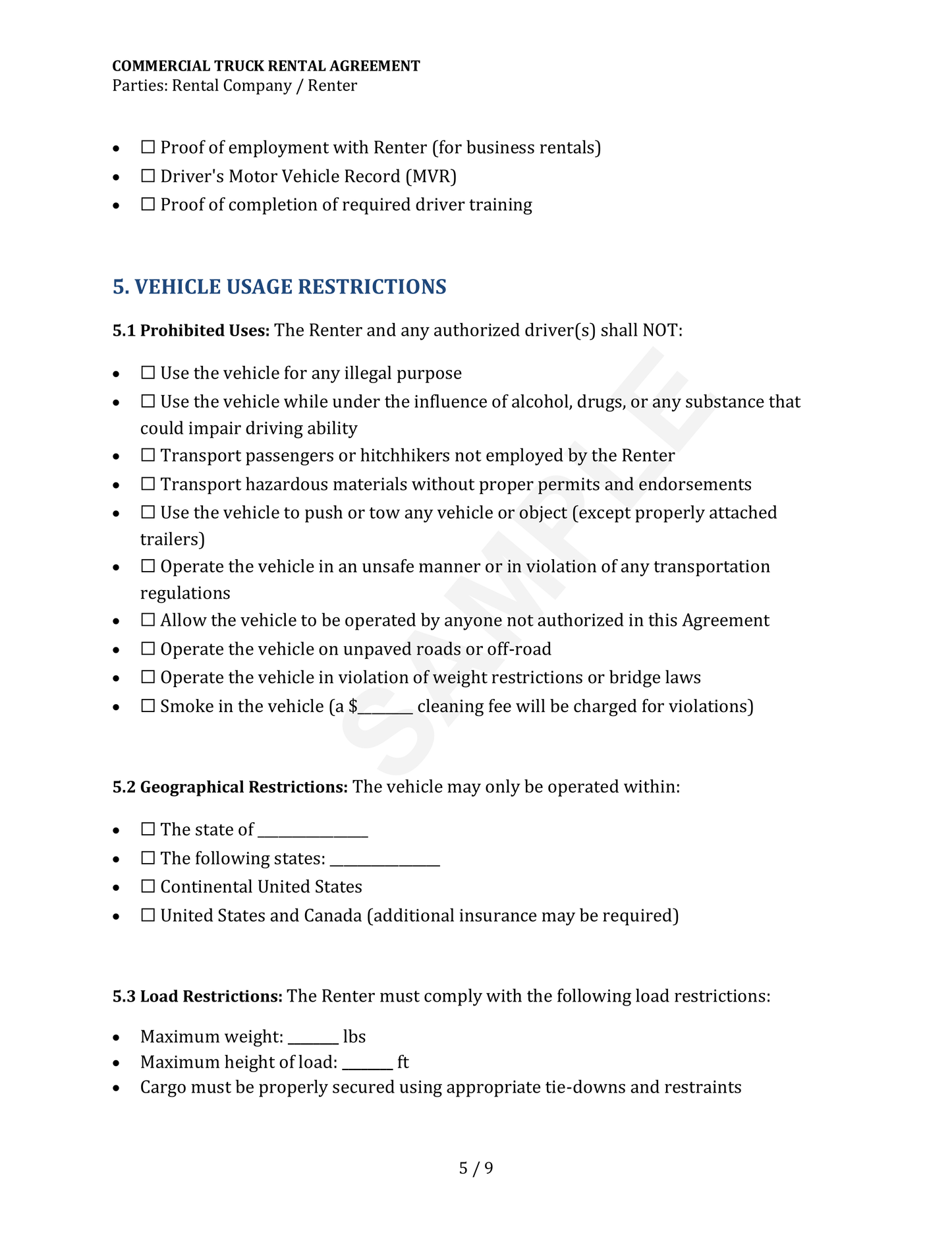 Commercial Truck Rental Agreement Template