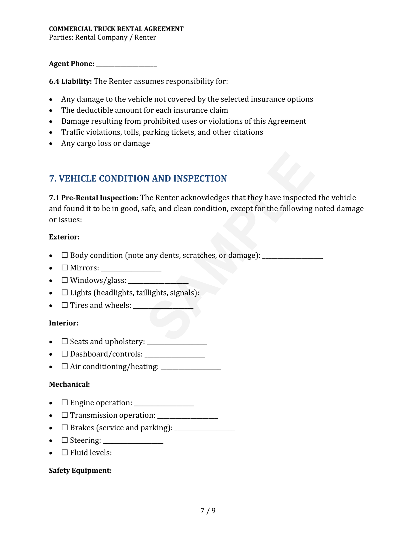 Commercial Truck Rental Agreement Template