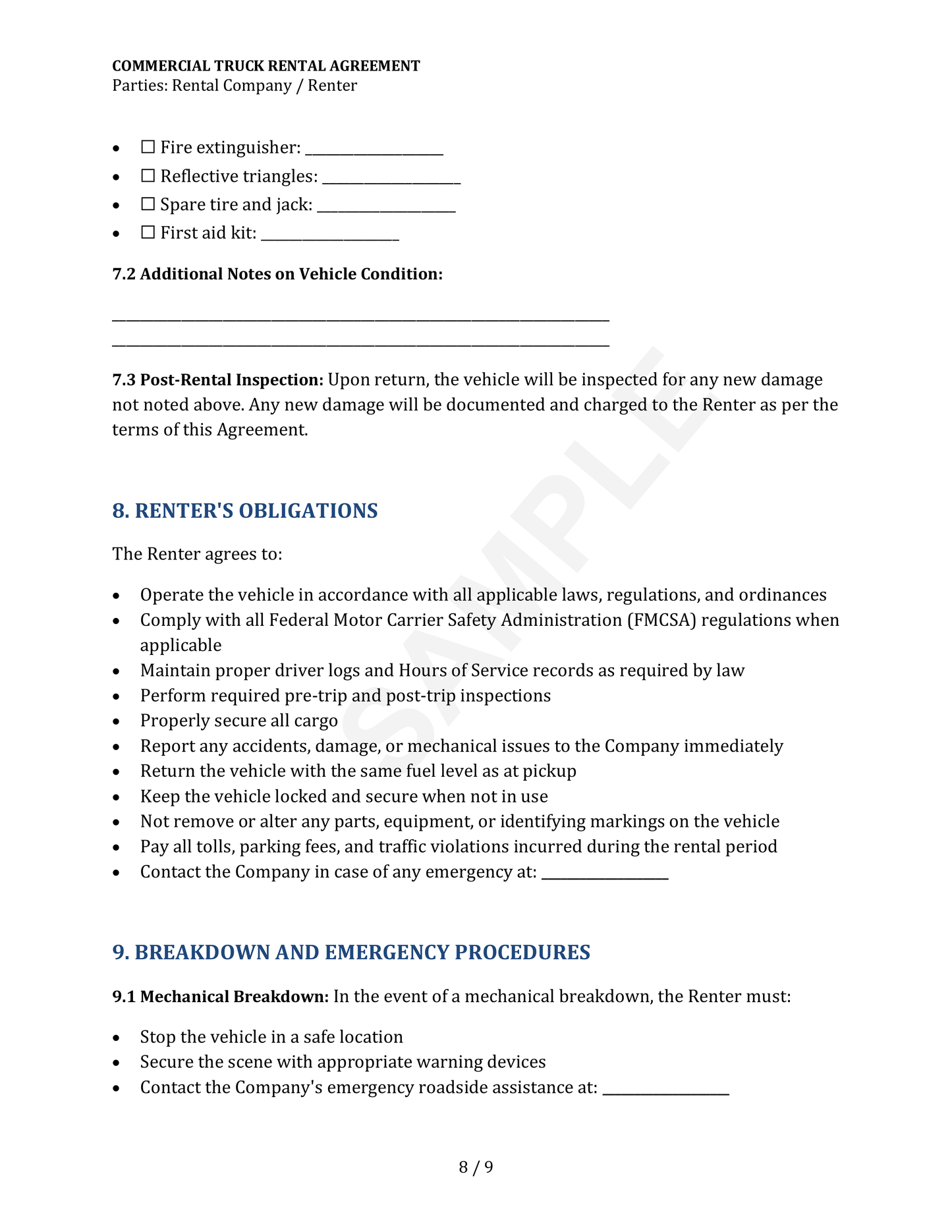 Commercial Truck Rental Agreement Template