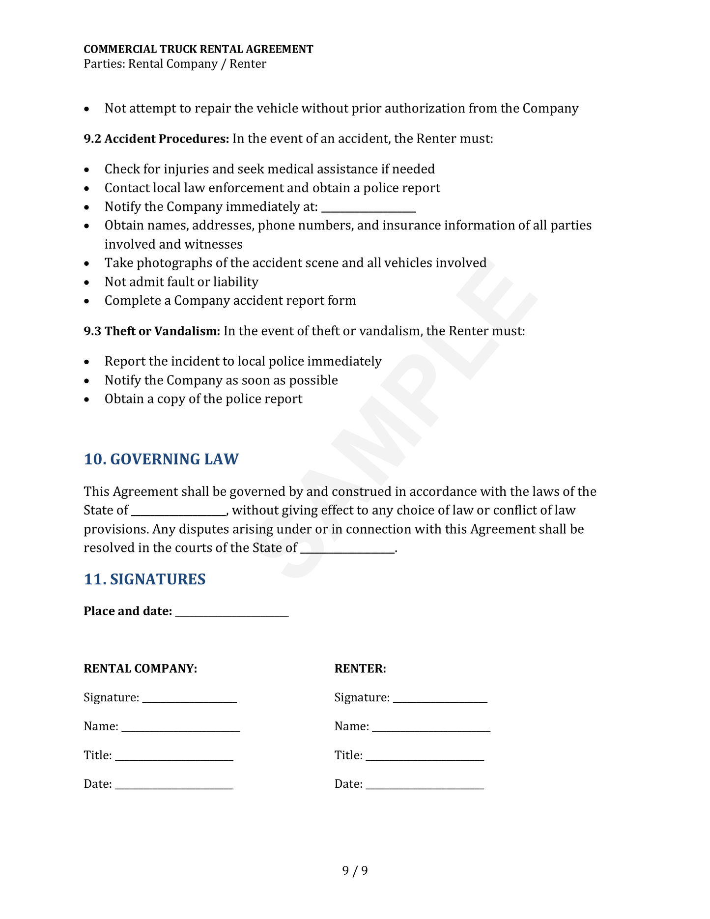 Commercial Truck Rental Agreement Template