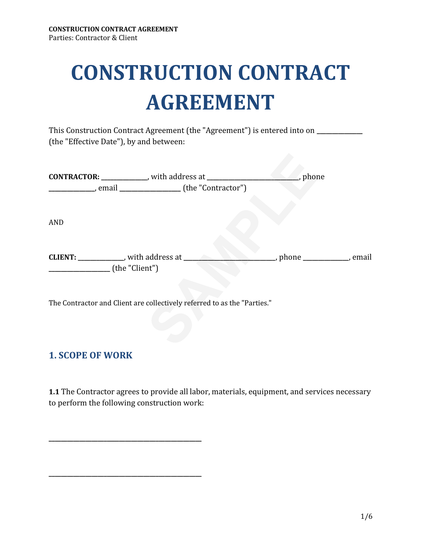 Construction Contract Agreement Template