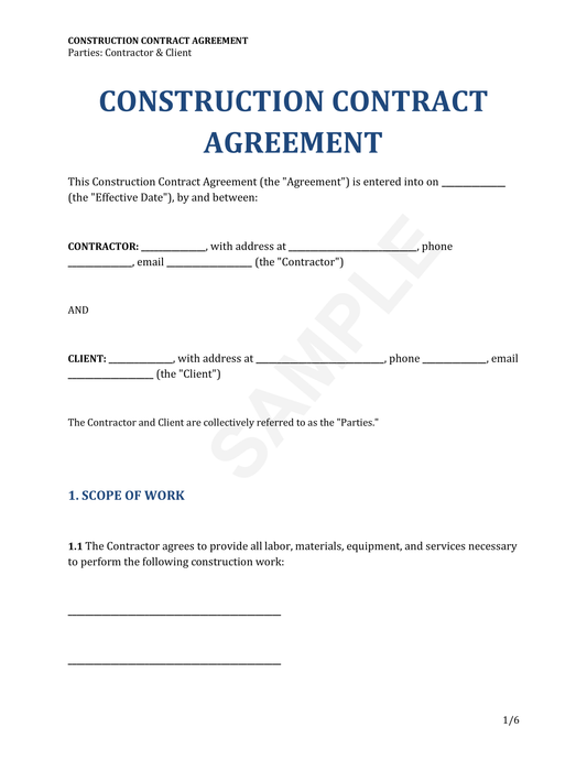 Construction Contract Agreement Template