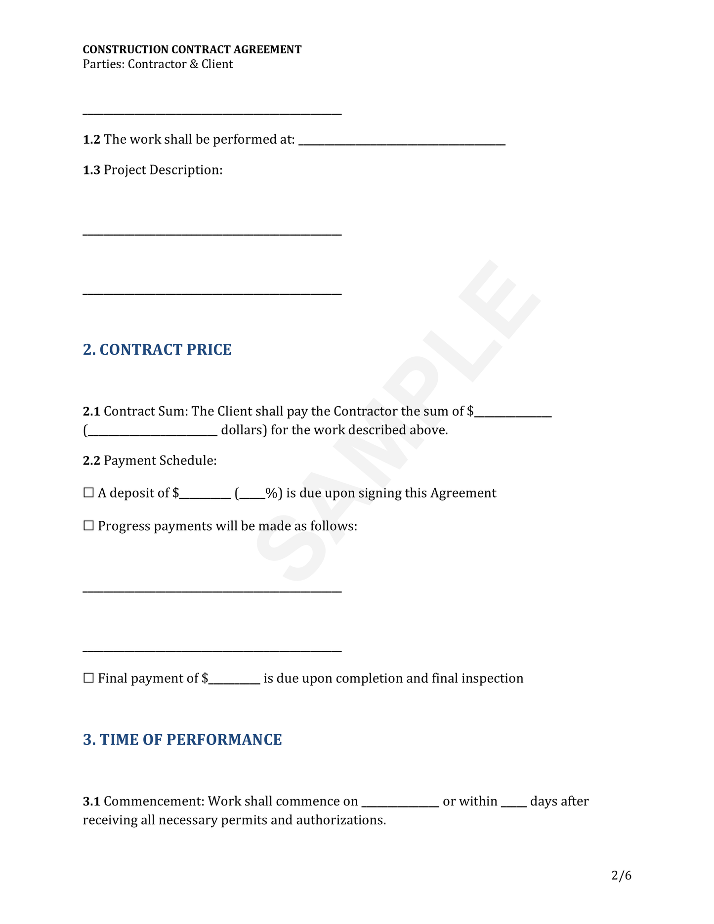Construction Contract Agreement Template