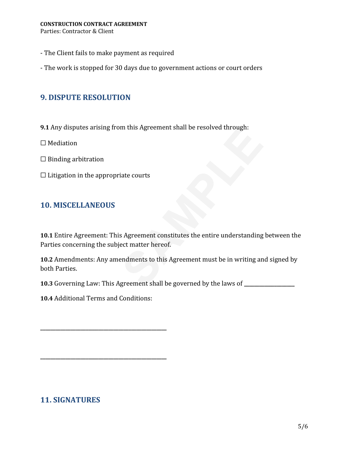 Construction Contract Agreement Template