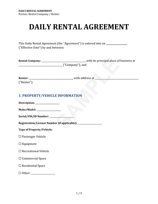 Daily Rental Agreement Template