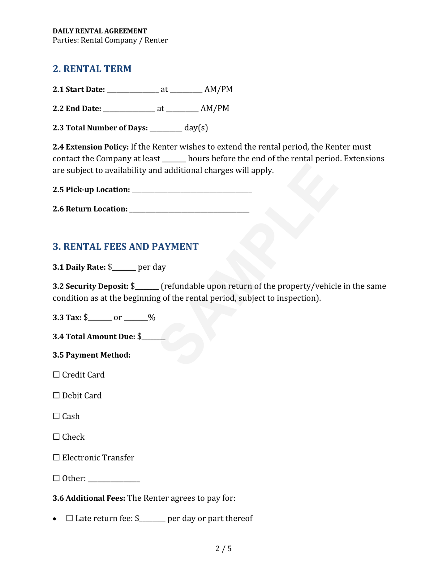 Daily Rental Agreement Template