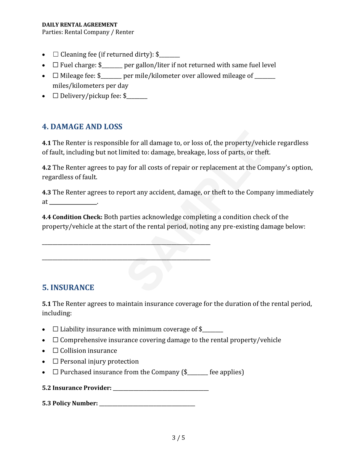 Daily Rental Agreement Template