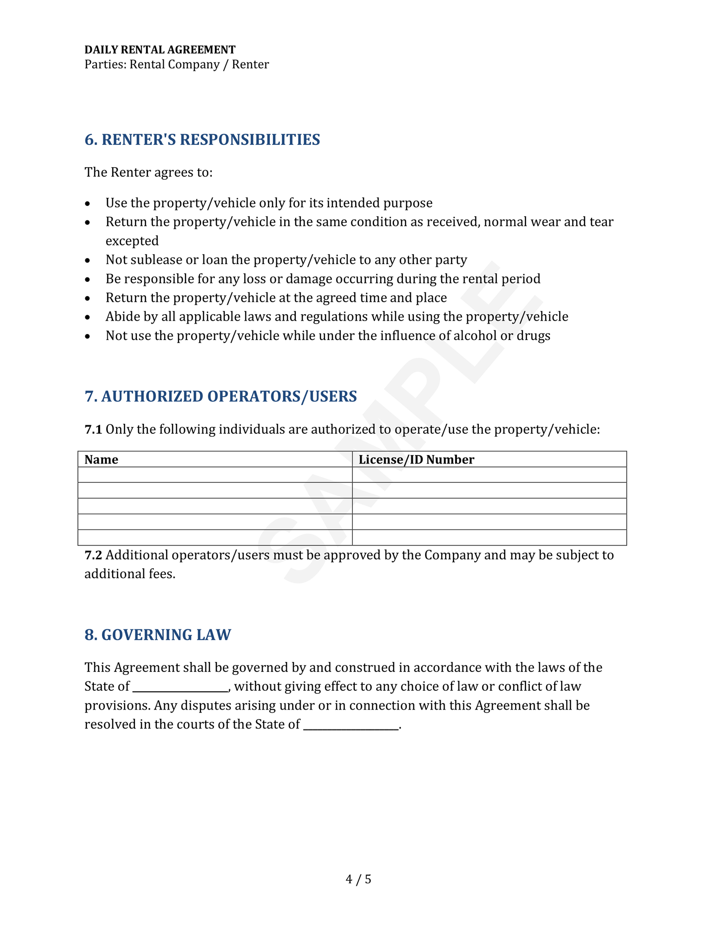Daily Rental Agreement Template
