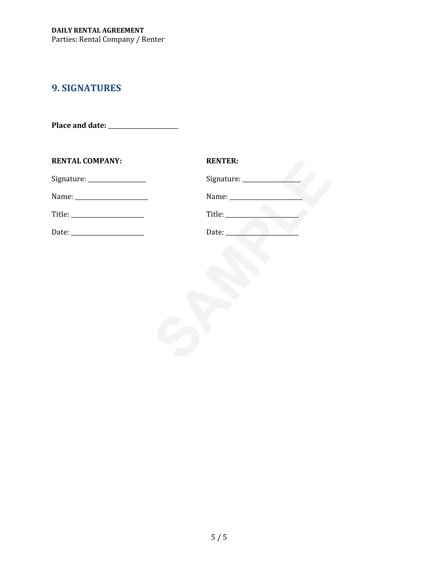 Daily Rental Agreement Template
