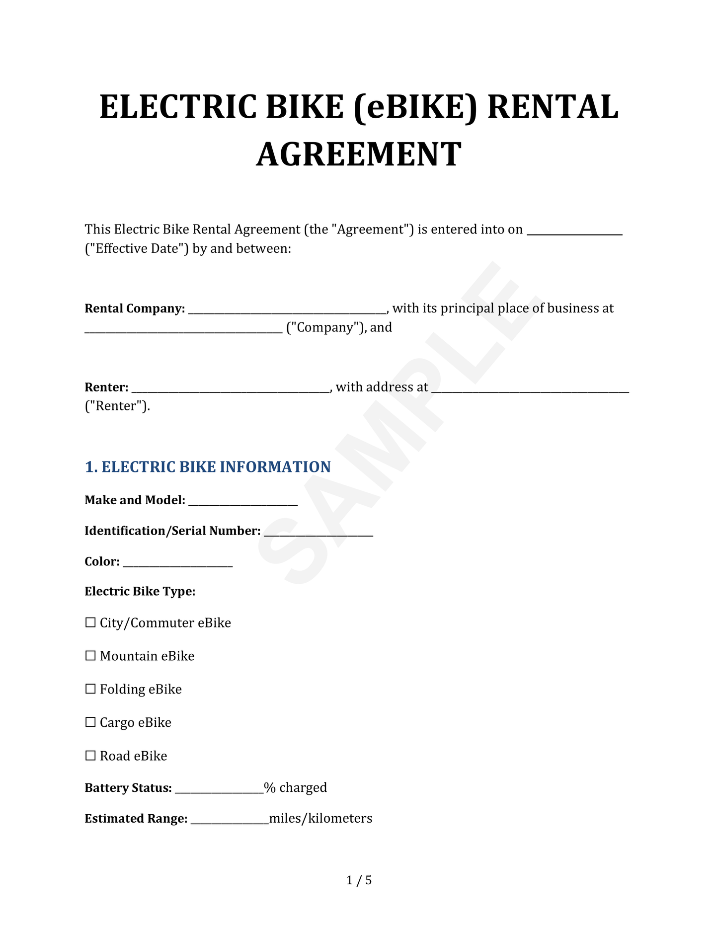 eBike/Electric Bike Vessel Rental Agreement Template