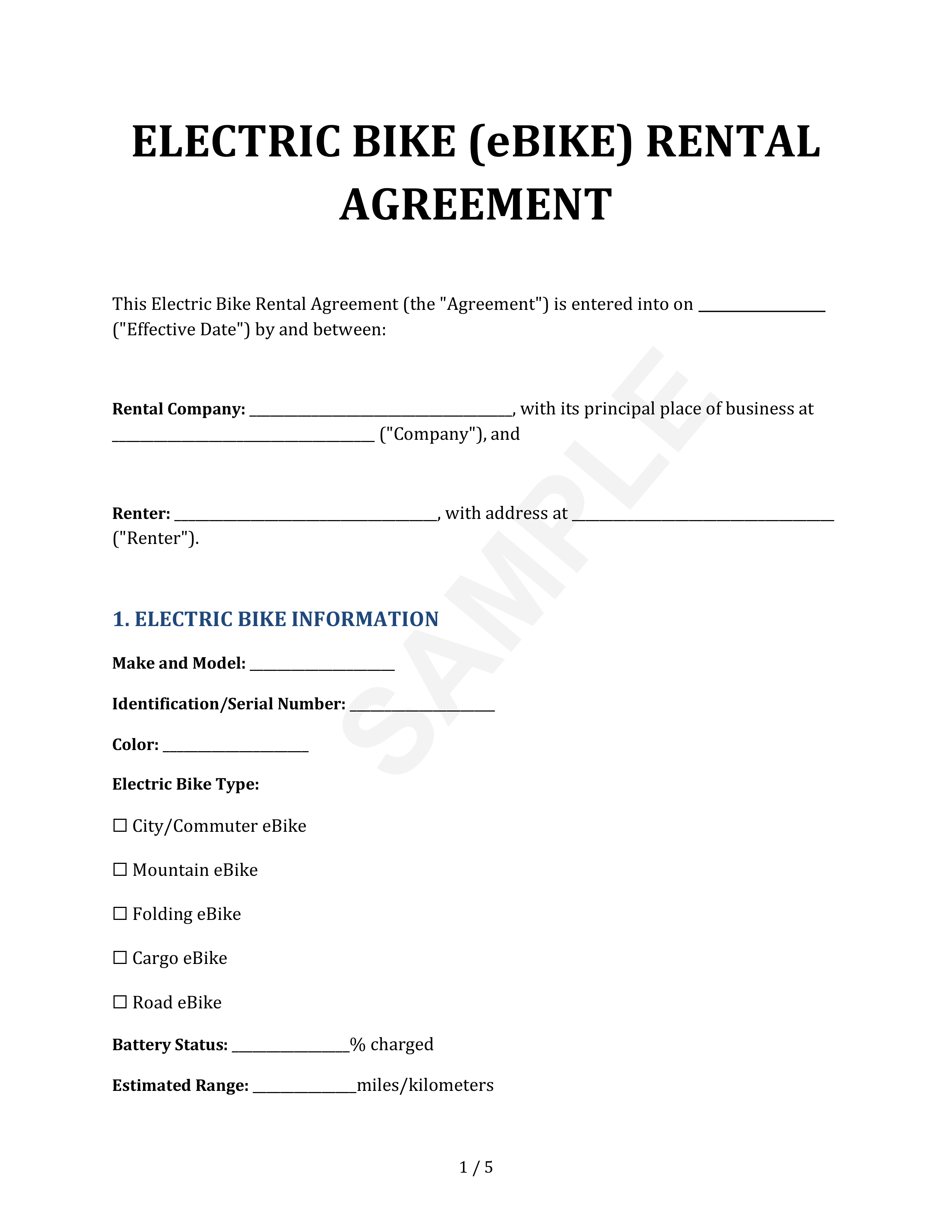 eBike/Electric Bike Vessel Rental Agreement Template