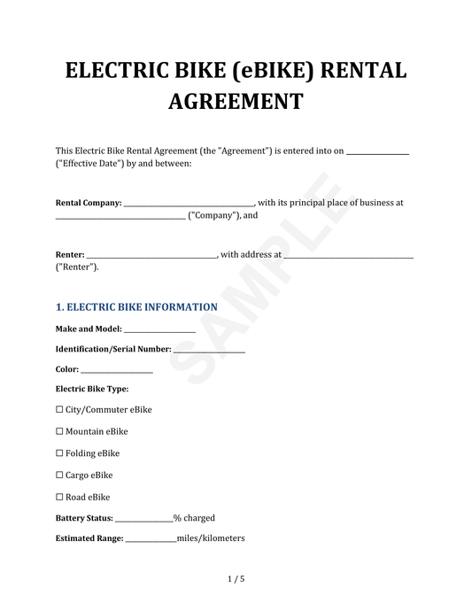 eBike/Electric Bike Vessel Rental Agreement Template