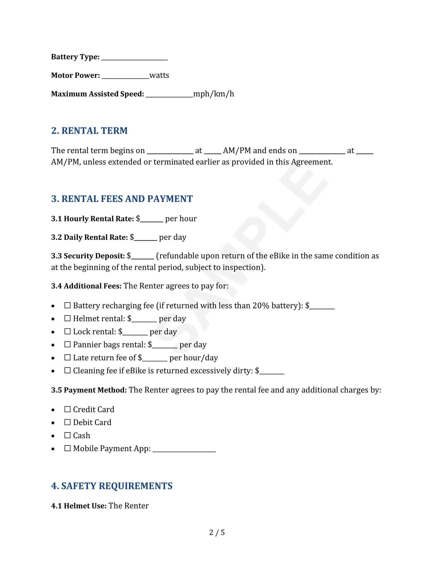 eBike/Electric Bike Vessel Rental Agreement Template