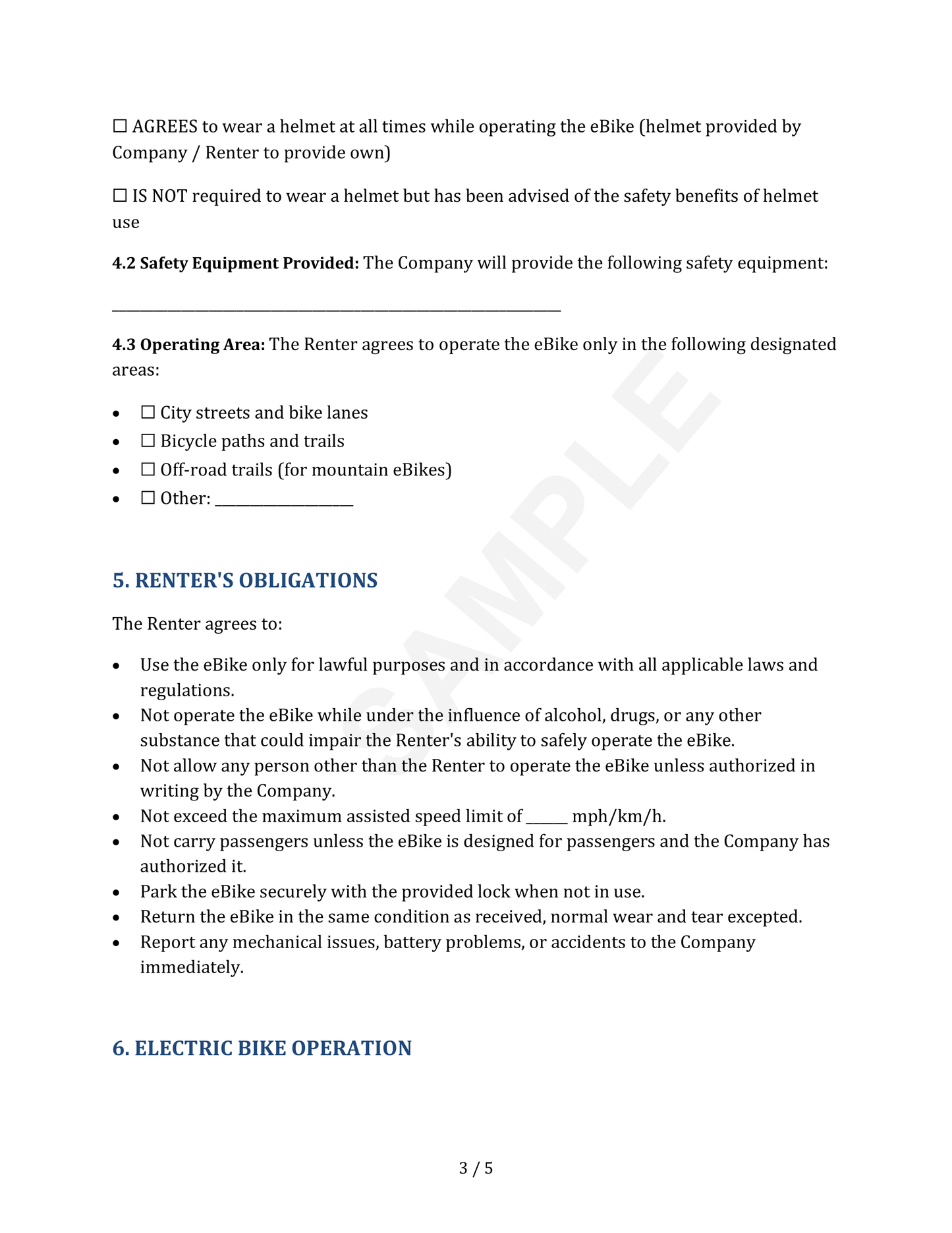 eBike/Electric Bike Vessel Rental Agreement Template