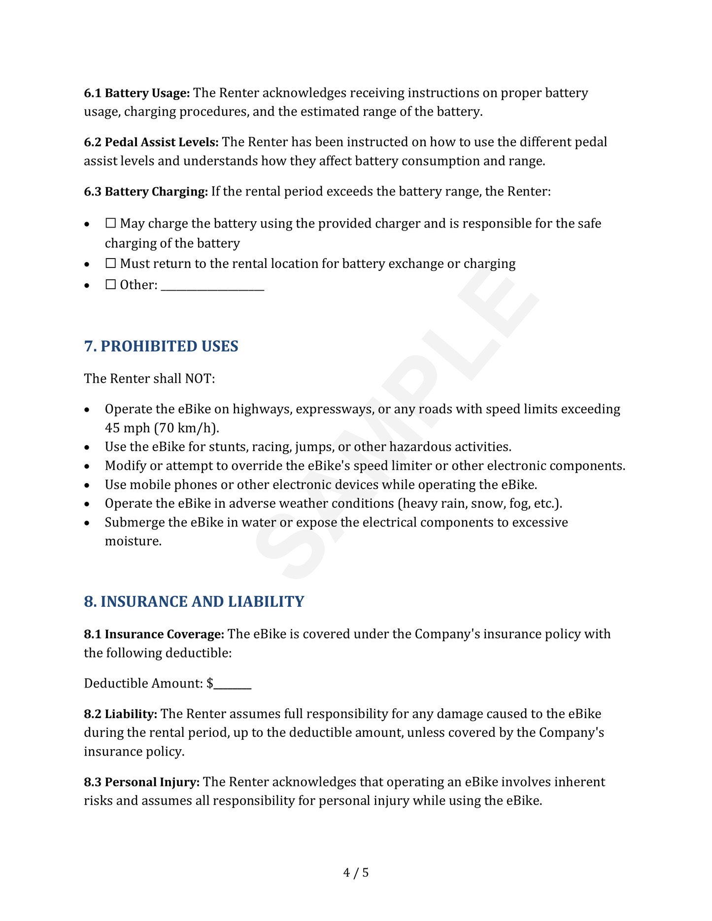 eBike/Electric Bike Vessel Rental Agreement Template