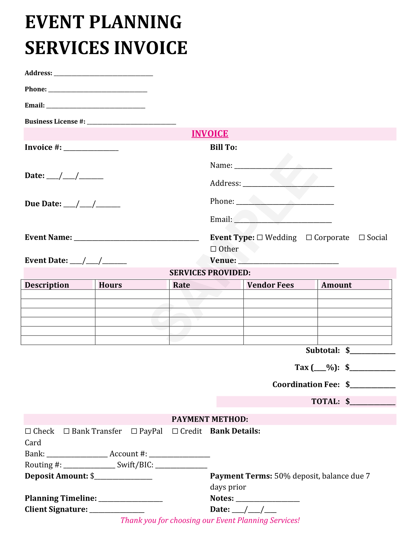 Event Planning Services Invoice Template