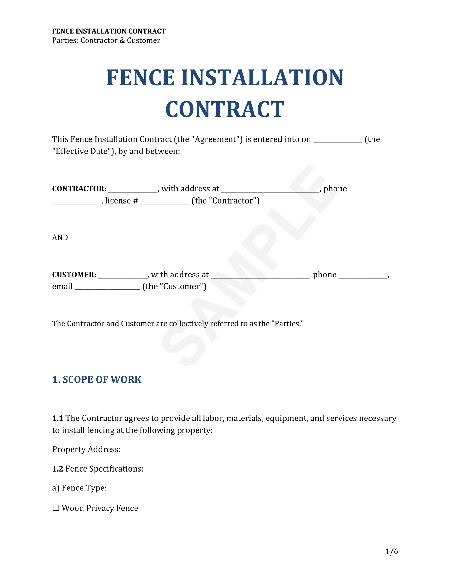 Fence Installation Contract Template