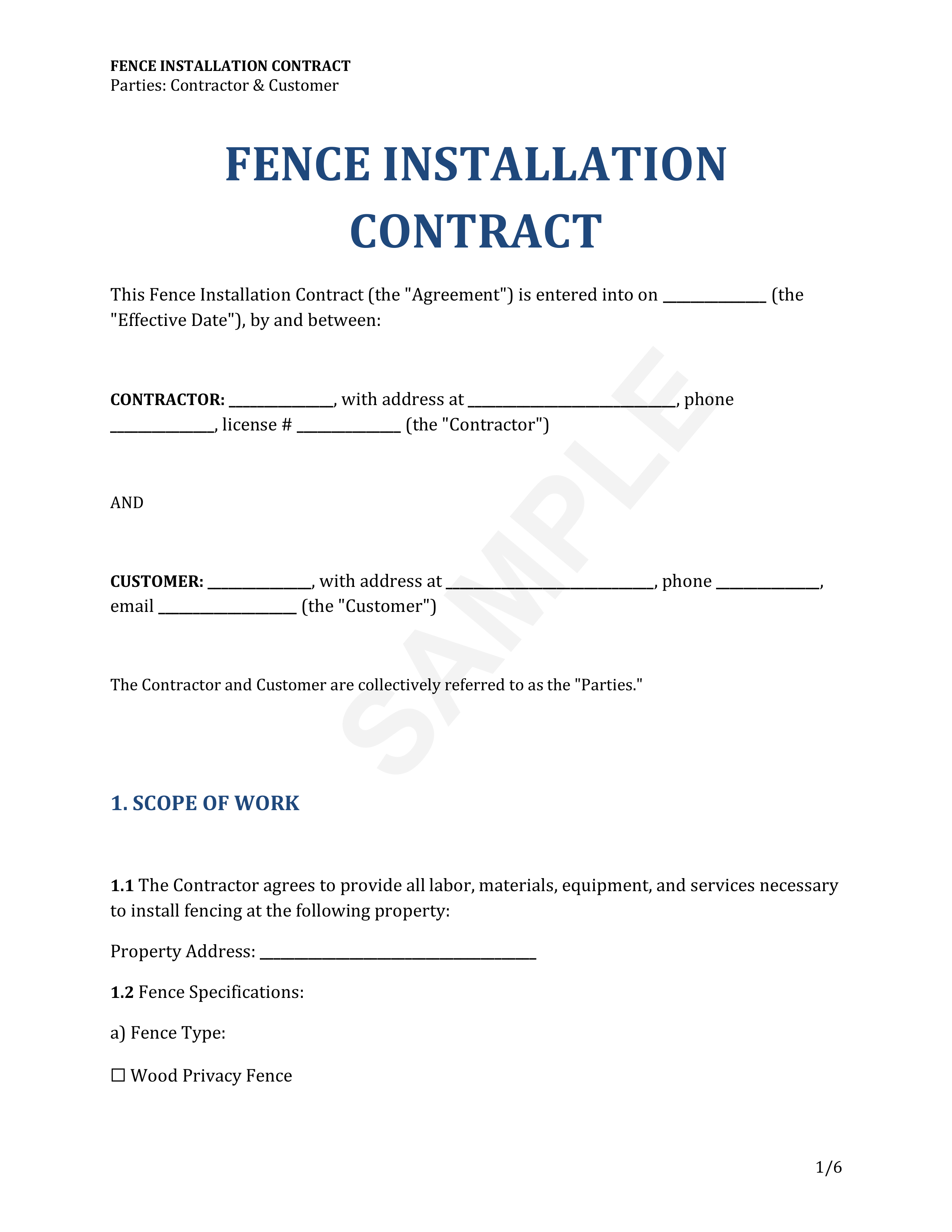 Fence Installation Contract Template