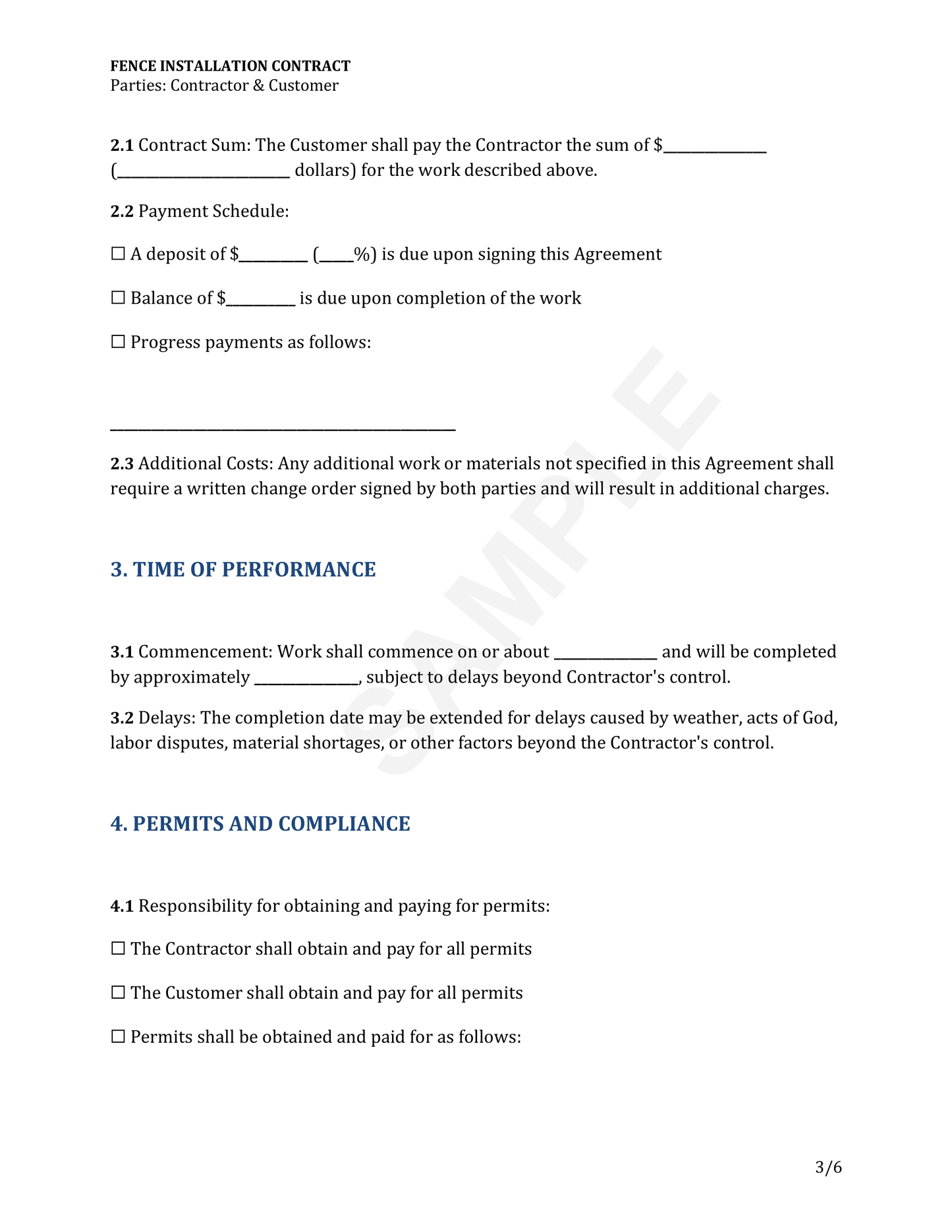 Fence Installation Contract Template