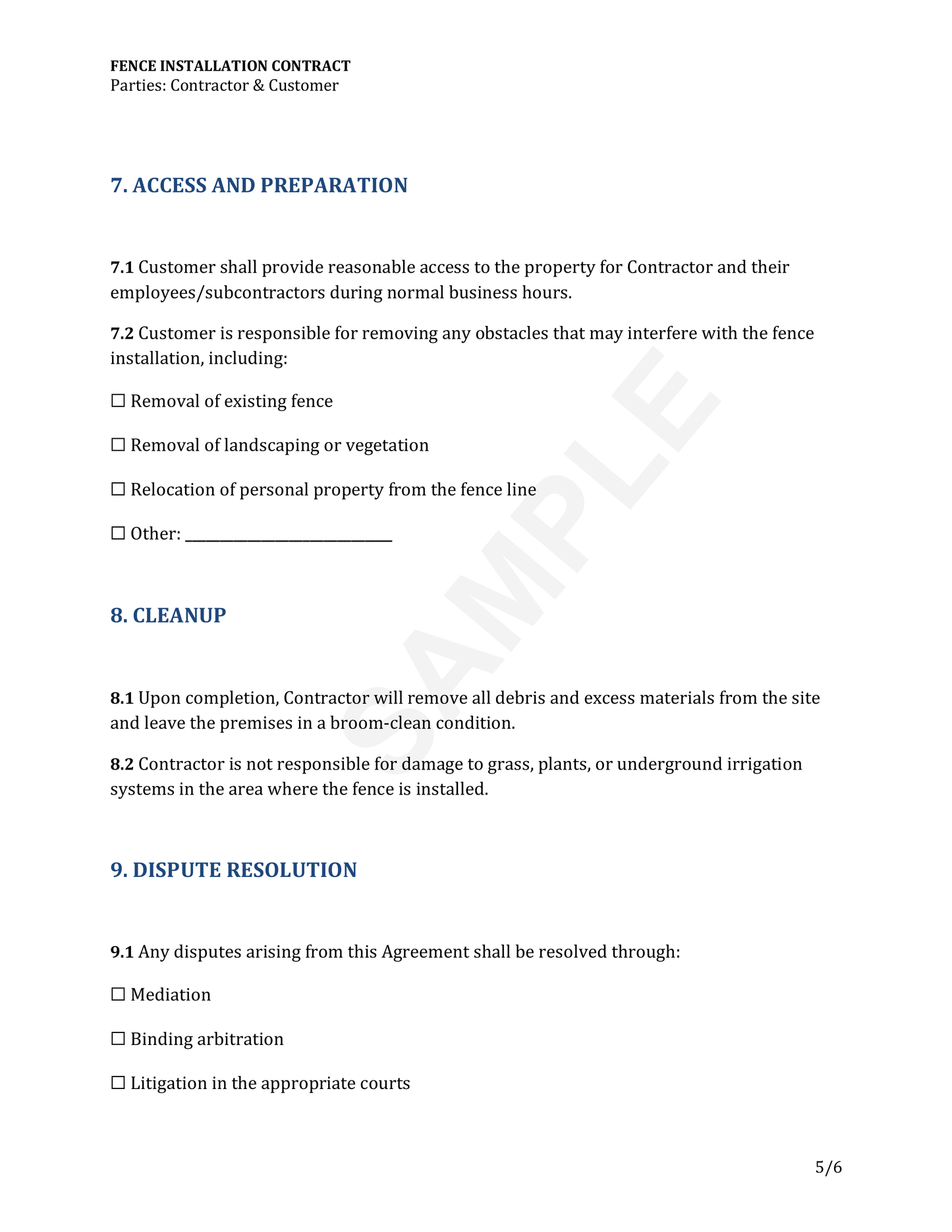 Fence Installation Contract Template