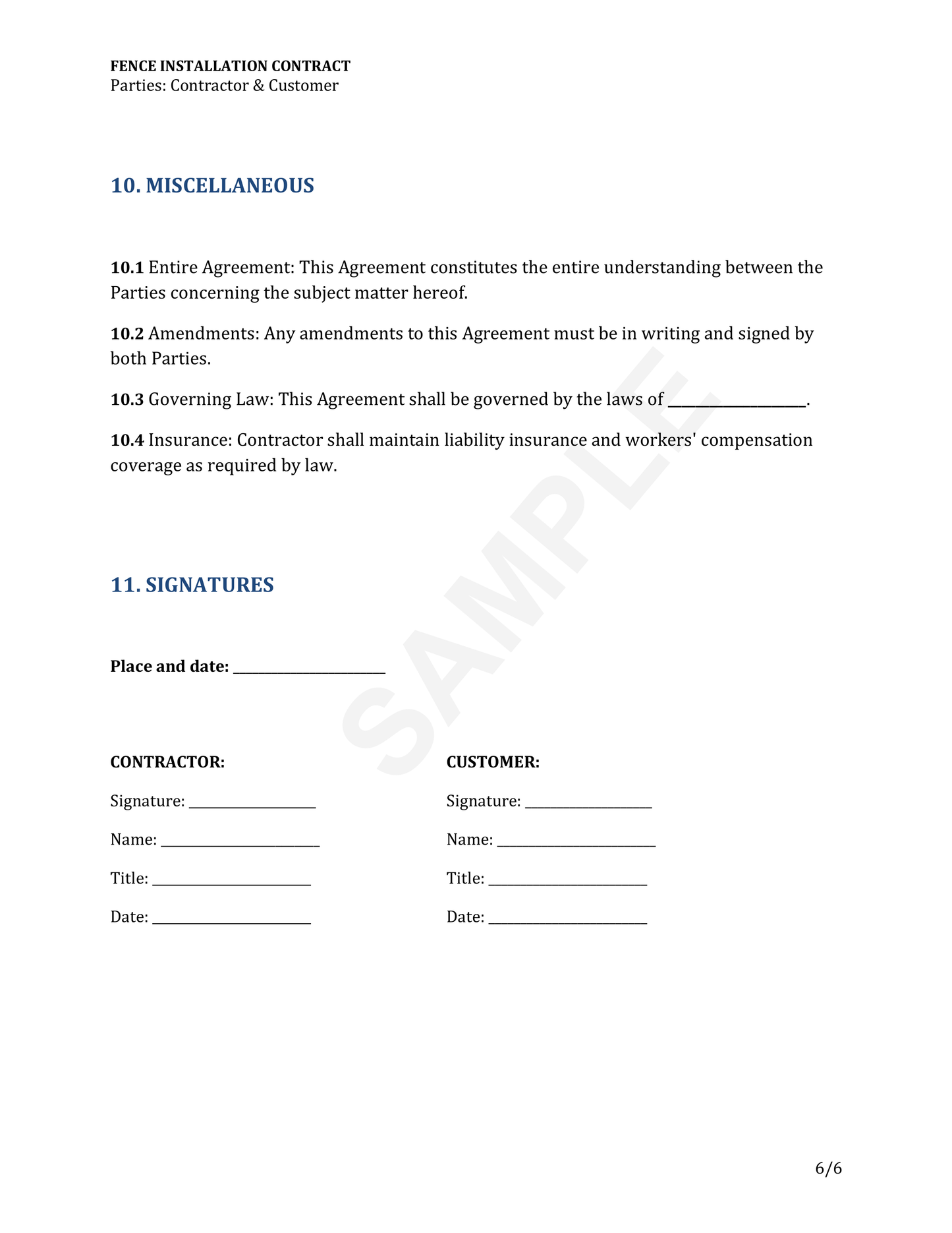 Fence Installation Contract Template