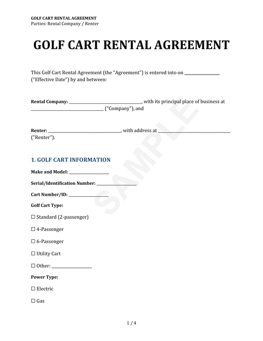 Golf Cart Rental Agreement Template