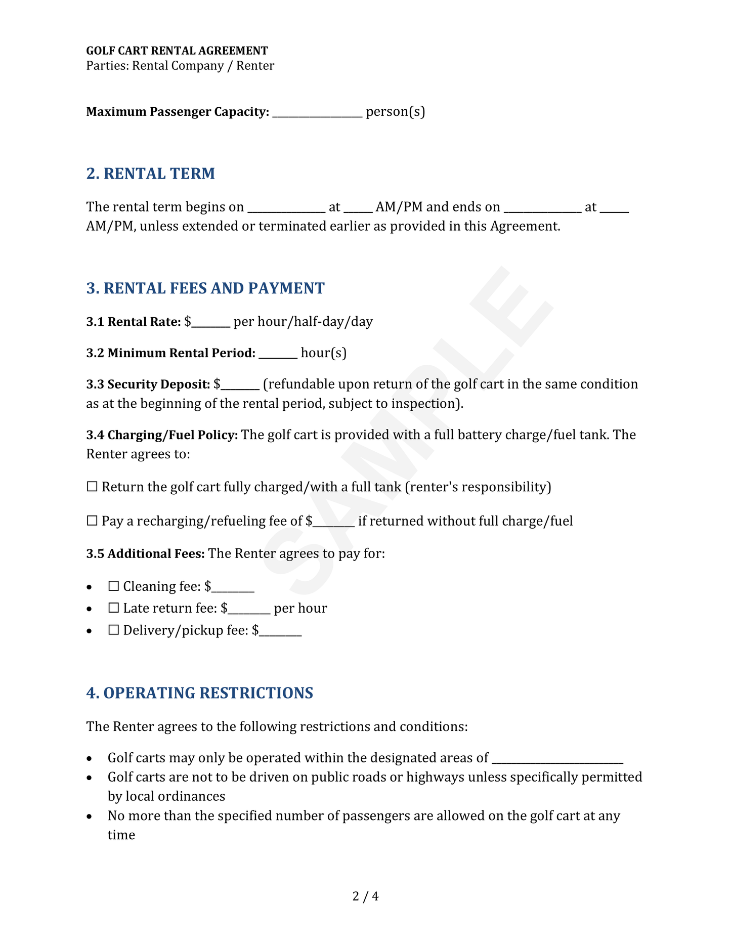 Golf Cart Rental Agreement Template