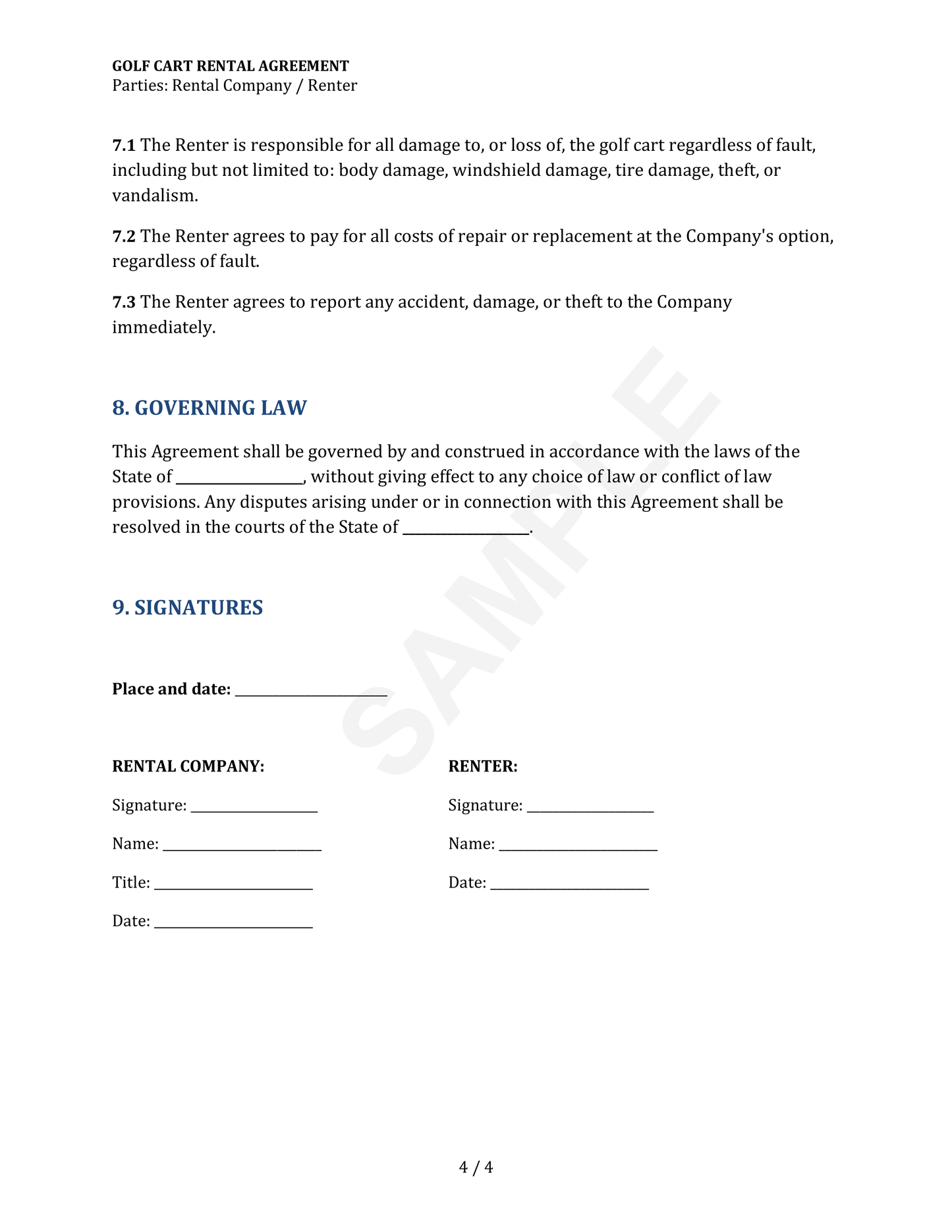 Golf Cart Rental Agreement Template