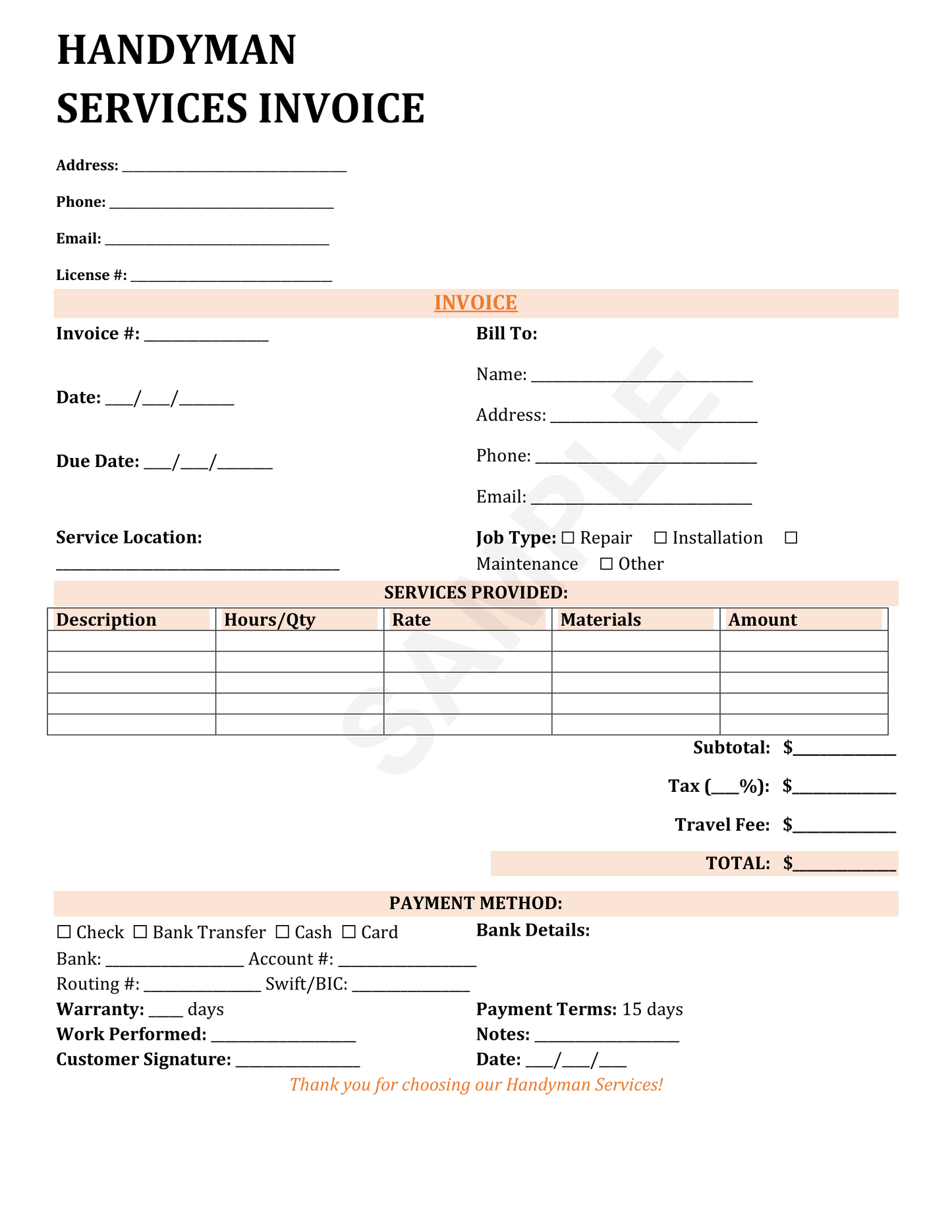 Handyman Services Invoice Template