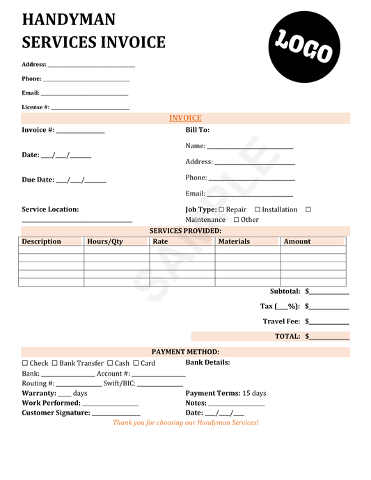 Handyman Services Invoice Template
