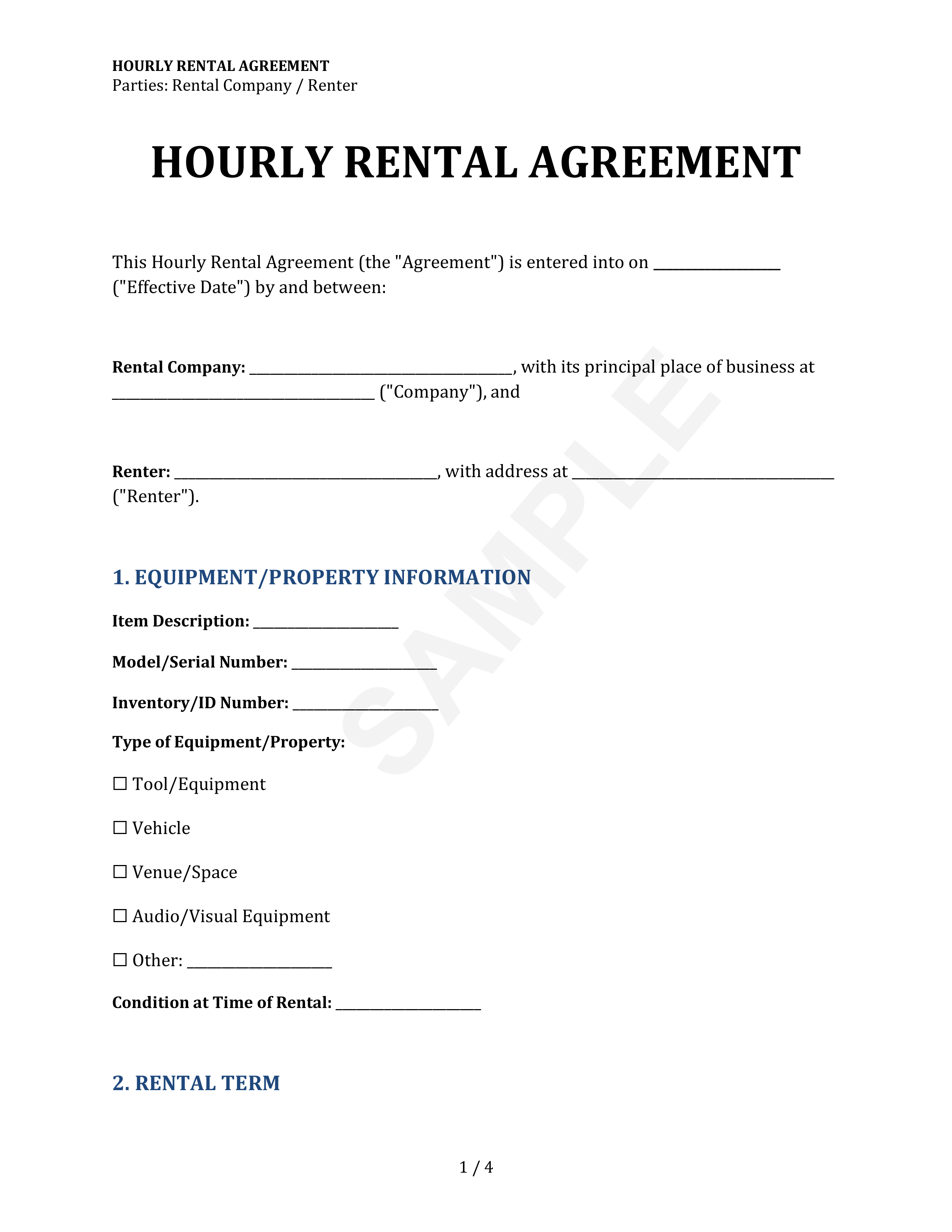 Hourly Rental Agreement Template