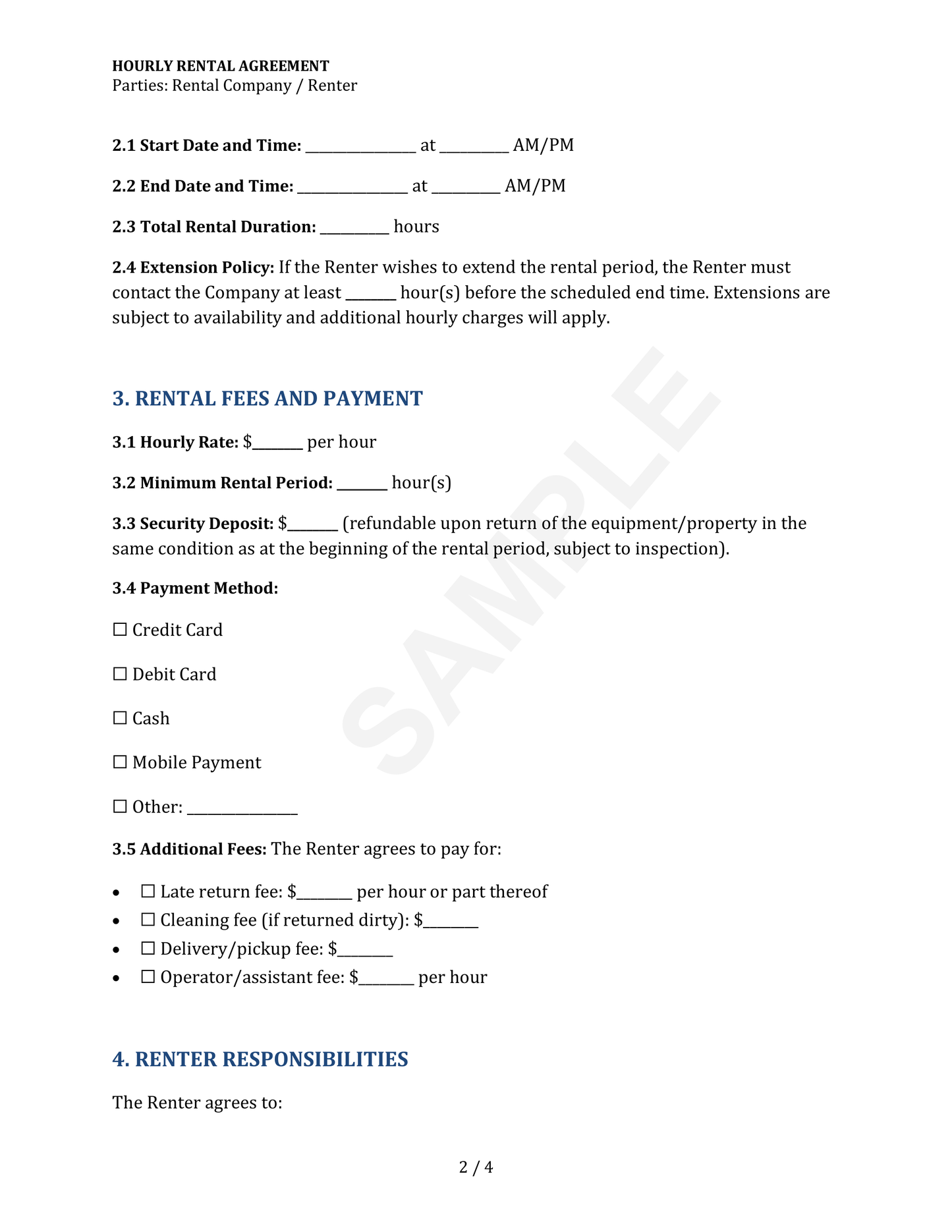 Hourly Rental Agreement Template