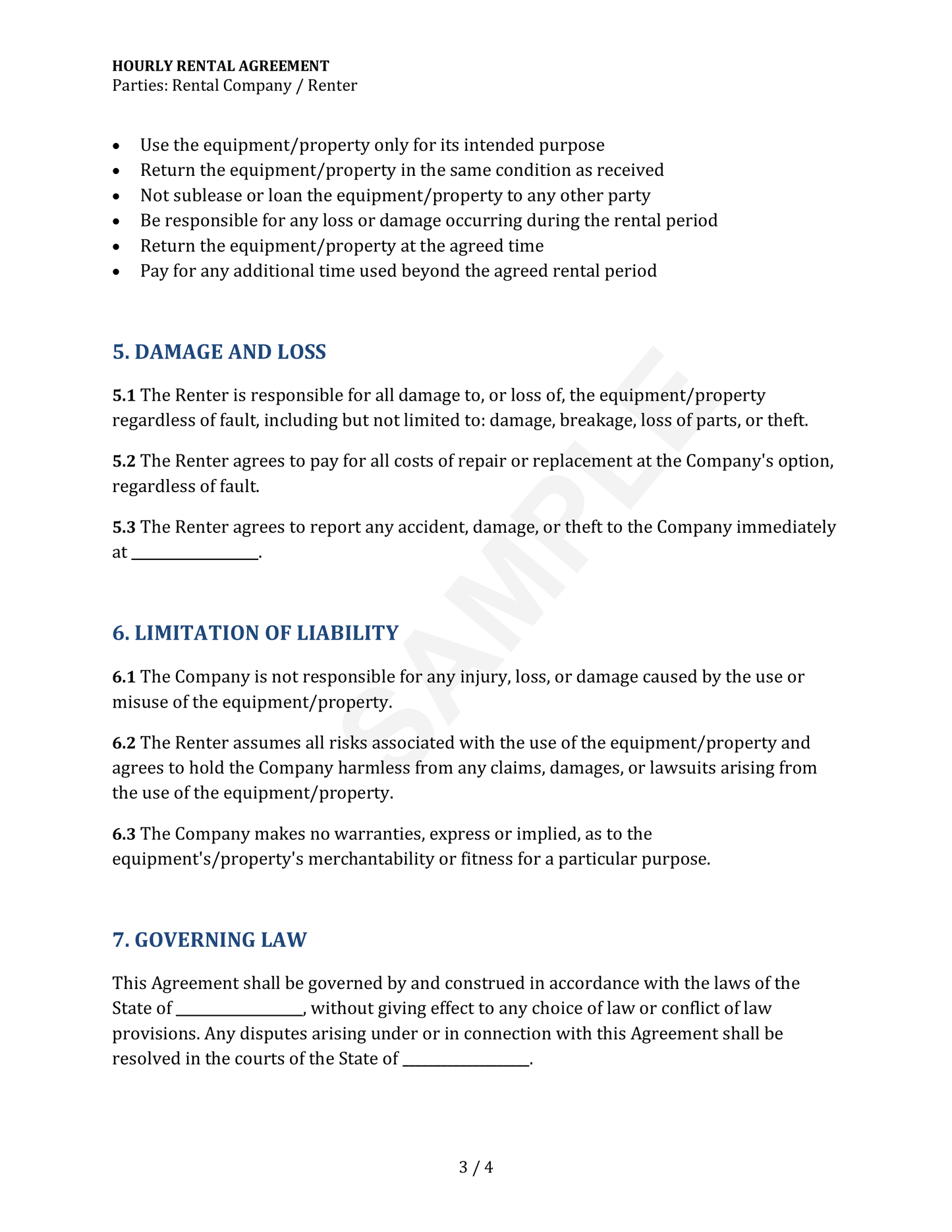 Hourly Rental Agreement Template