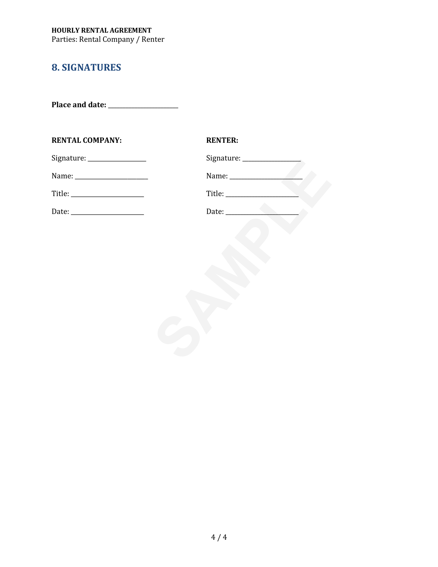 Hourly Rental Agreement Template
