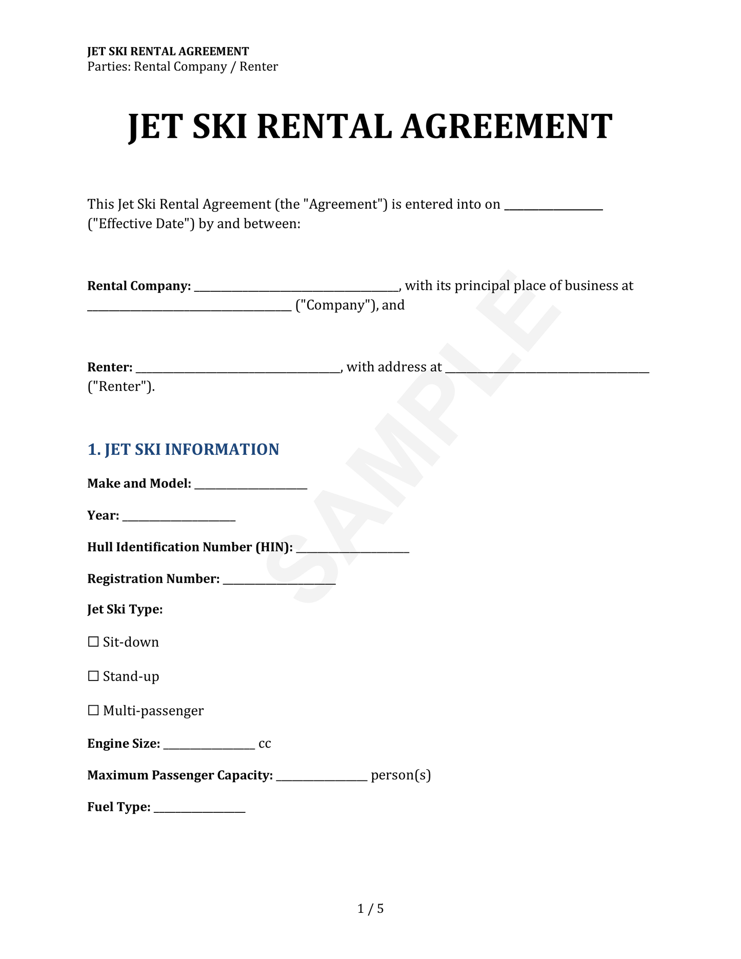 Jet Ski Rental Agreement Template