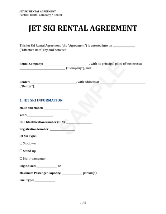 Jet Ski Rental Agreement Template