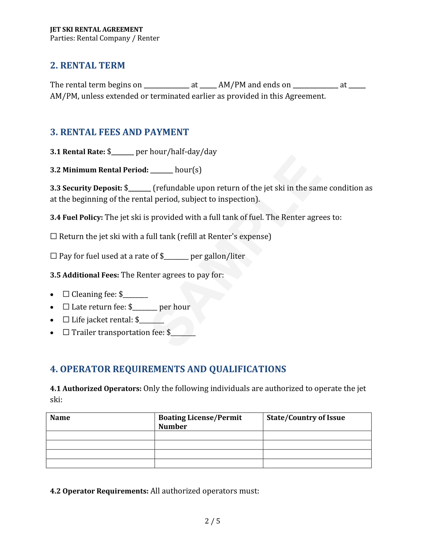 Jet Ski Rental Agreement Template
