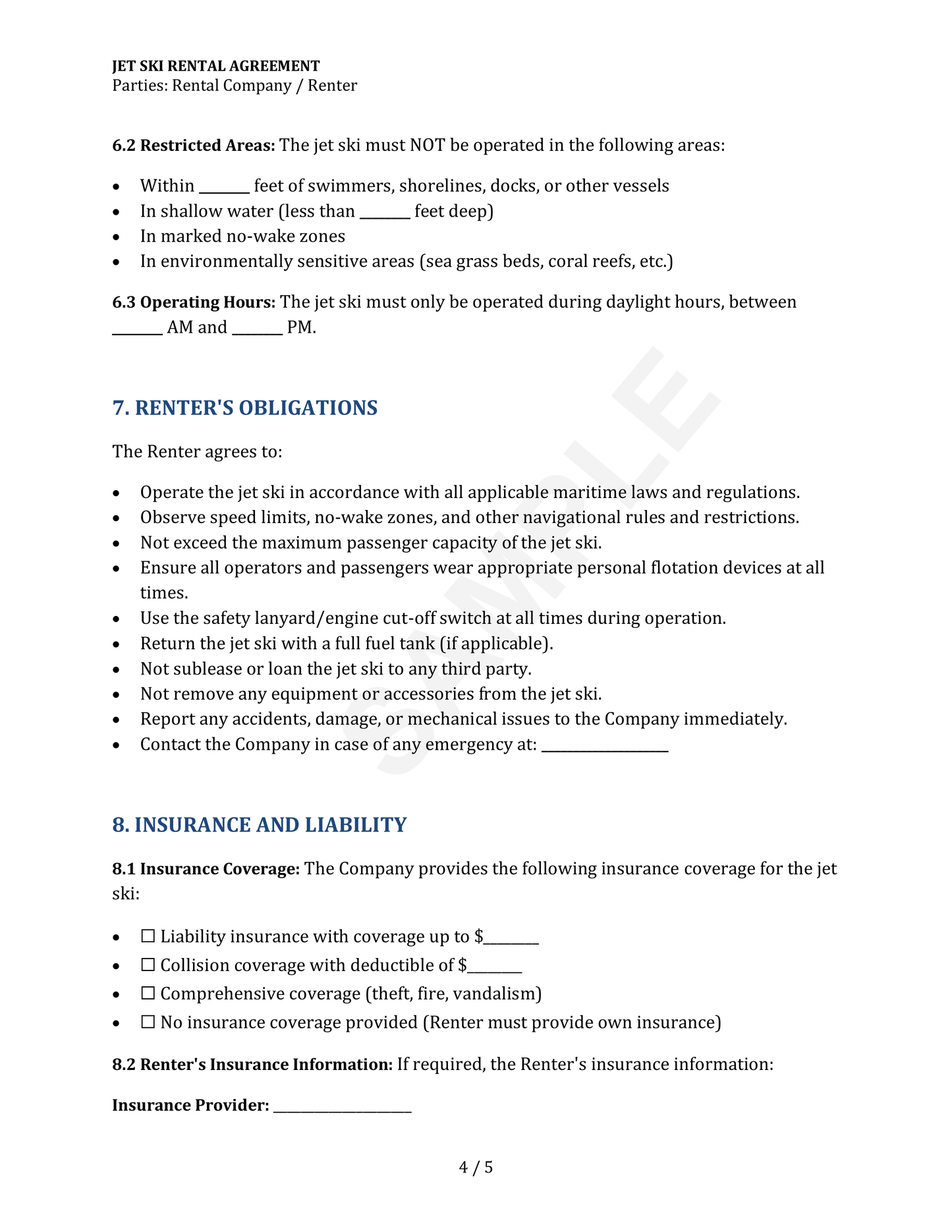 Jet Ski Rental Agreement Template