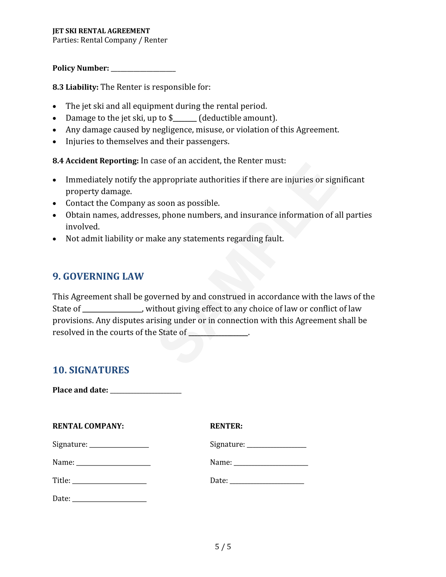 Jet Ski Rental Agreement Template