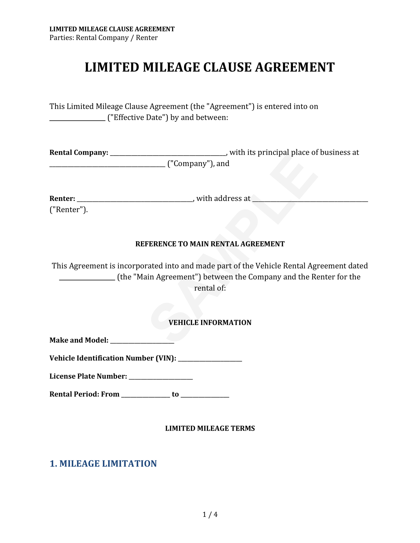 Limited Mileage Clause Agreement Template