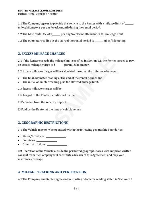 Limited Mileage Clause Agreement Template